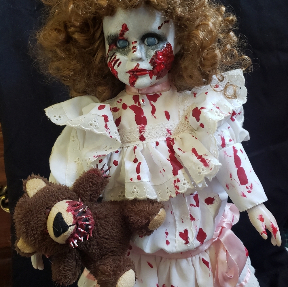 OOAK Creepy Porcelain Doll and Bear